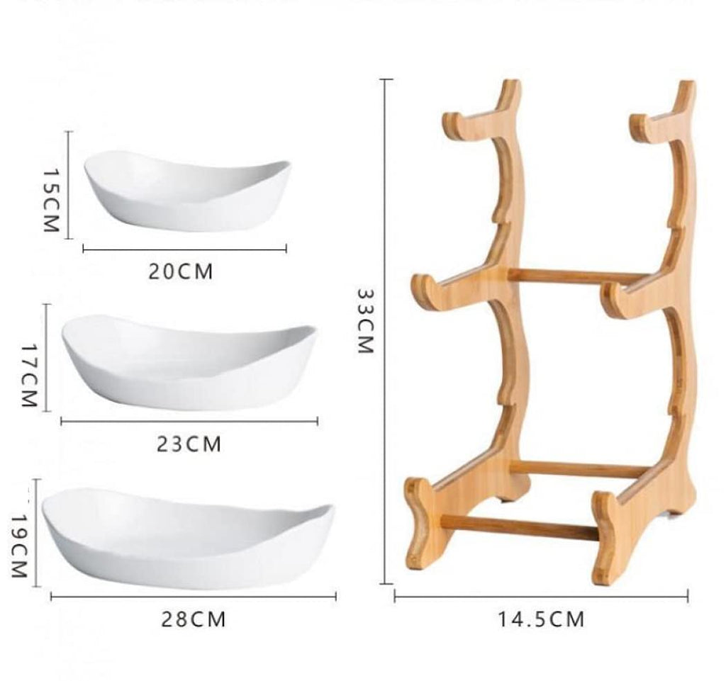 3-Tier Ceramic Fruit Basket with Bamboo Tray Q551