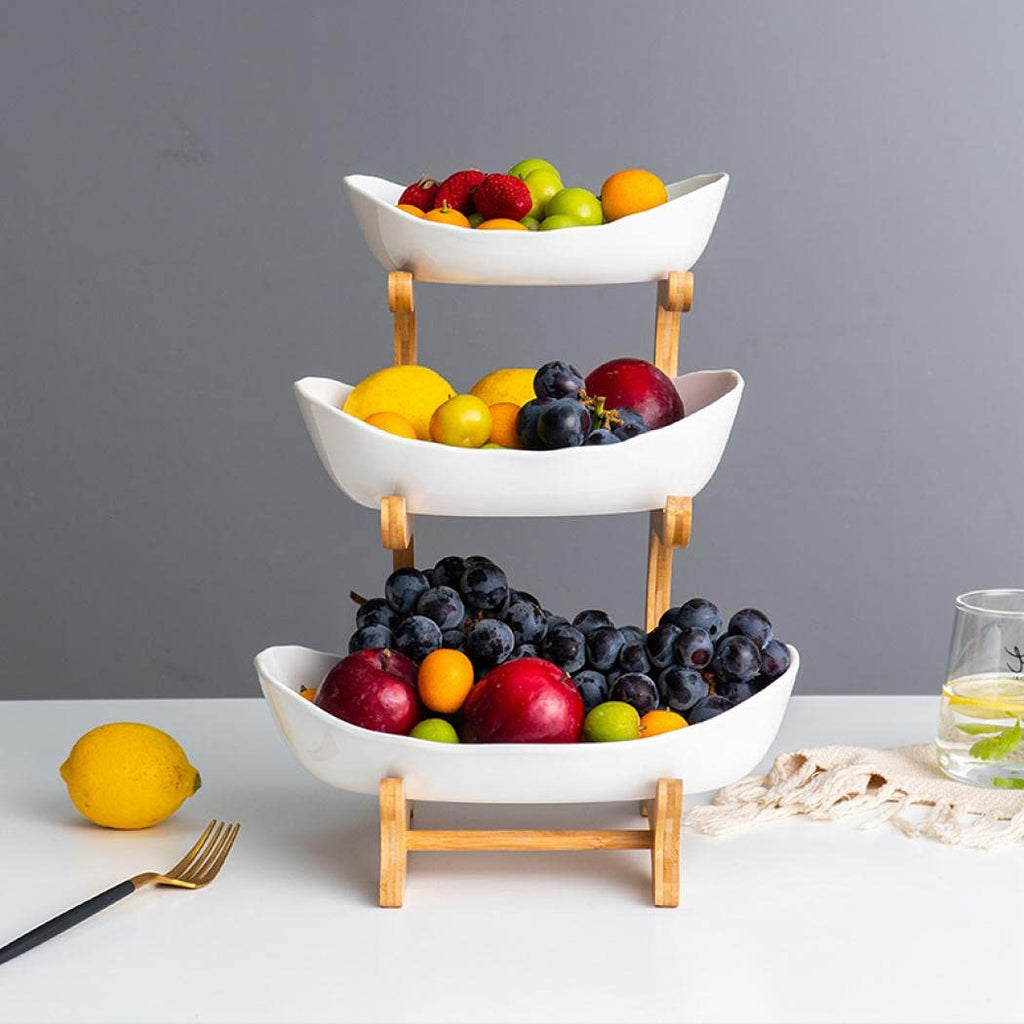 3-Tier Ceramic Fruit Basket with Bamboo Tray Q551