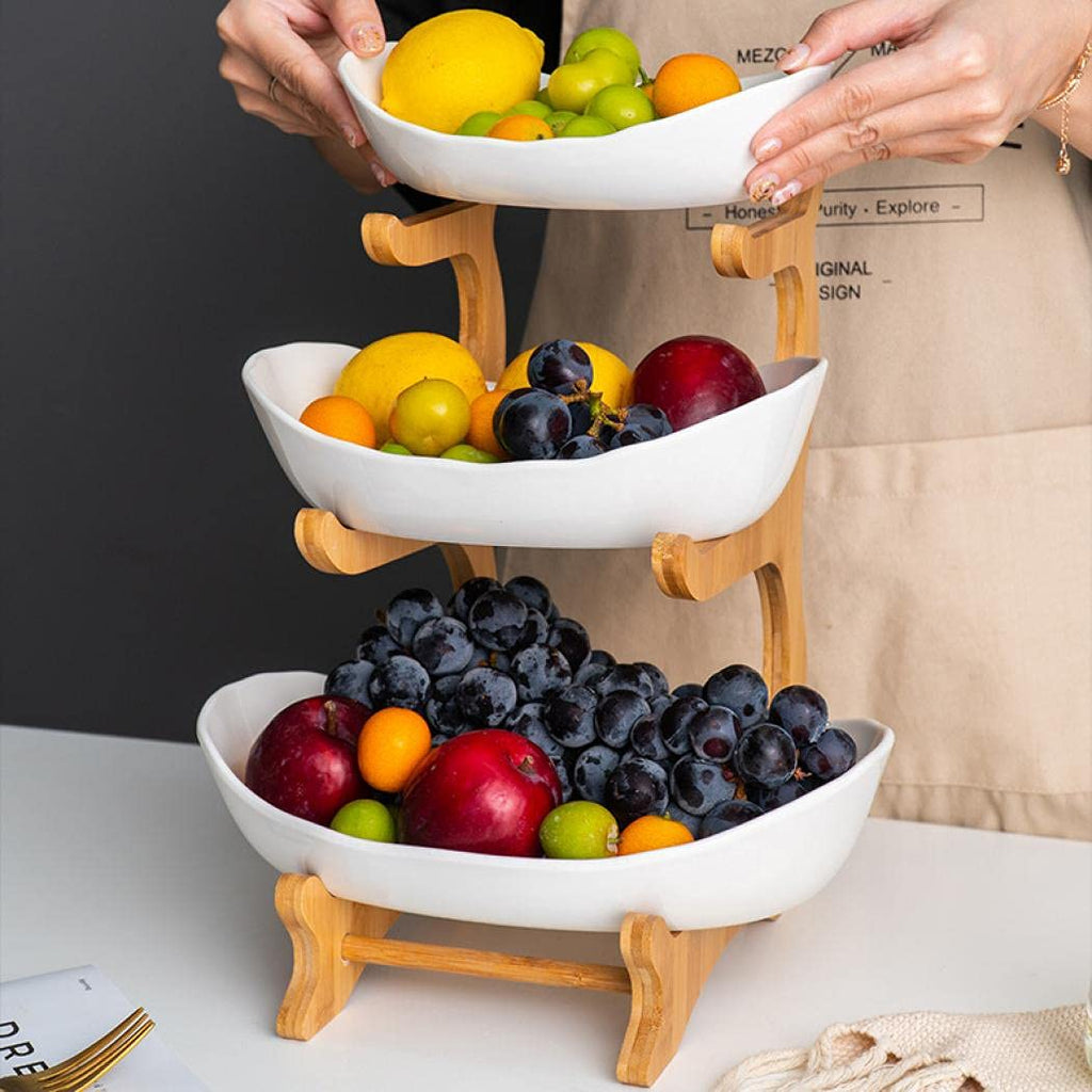 3-Tier Ceramic Fruit Basket with Bamboo Tray Q551