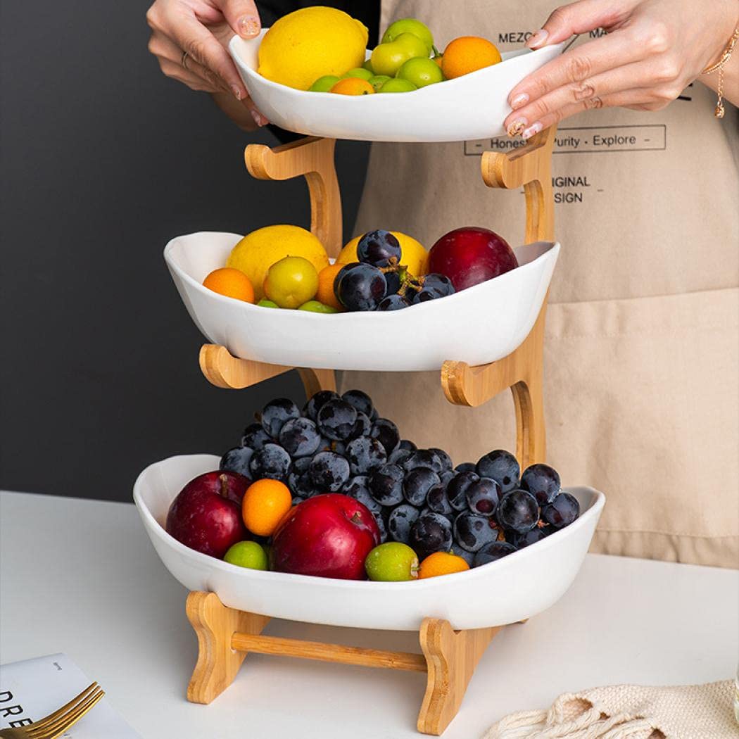 3-Tier Ceramic Fruit Basket with Bamboo Tray Q551