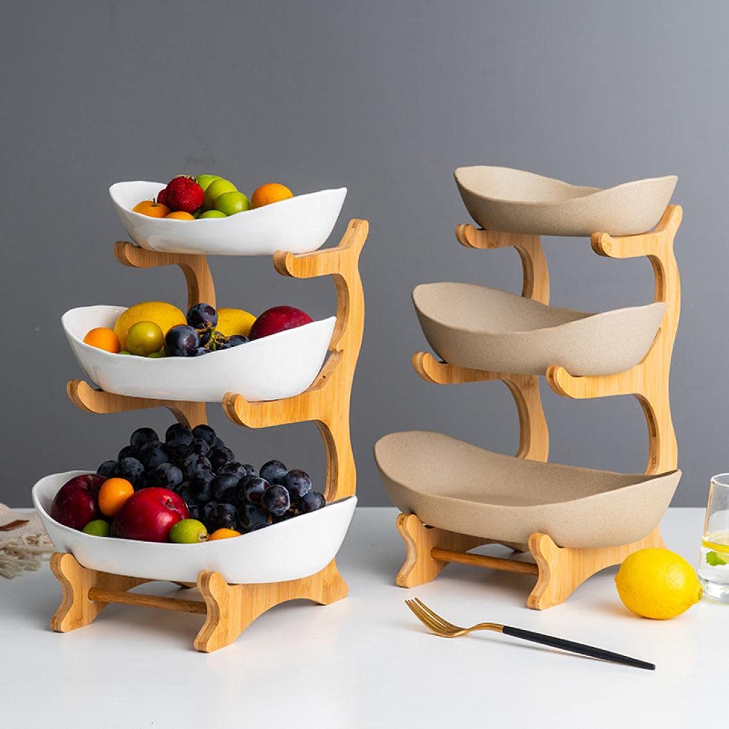 3-Tier Ceramic Fruit Basket with Bamboo Tray Q551