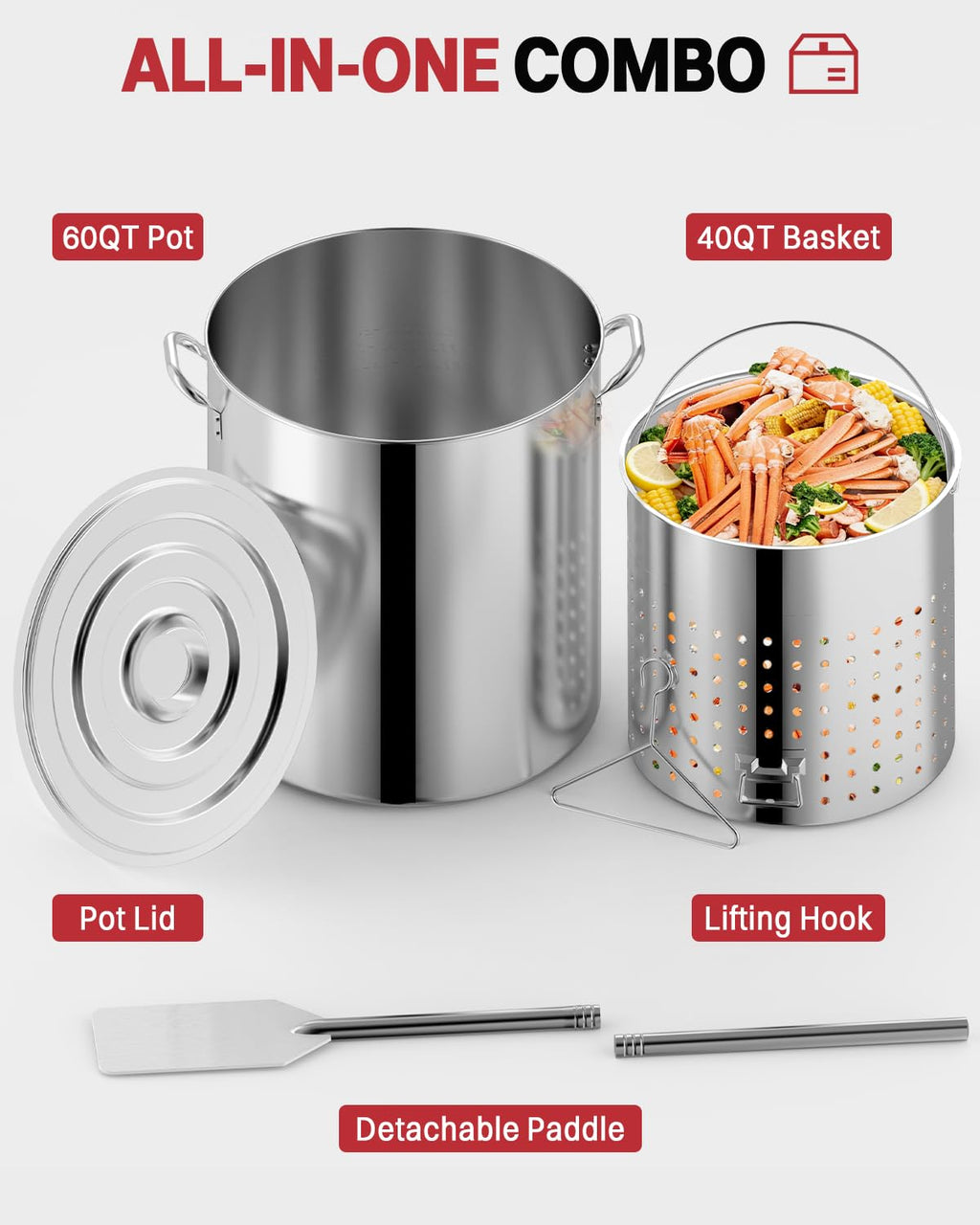 60QT Stainless Steel Stockpot with Basket H848