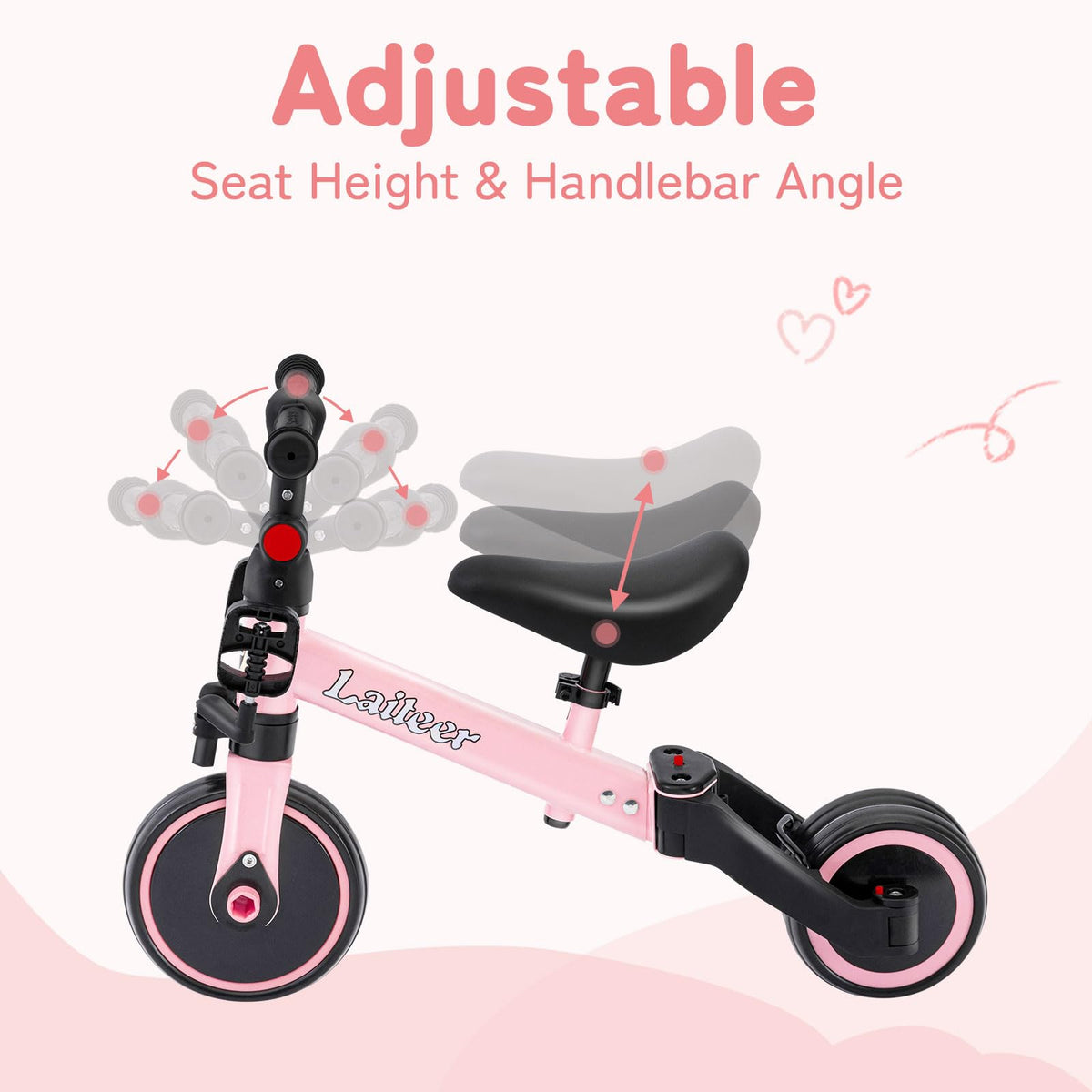 Folding Kids Tricycle with Adjustable Seat & Removable Pedal, Pink F66375