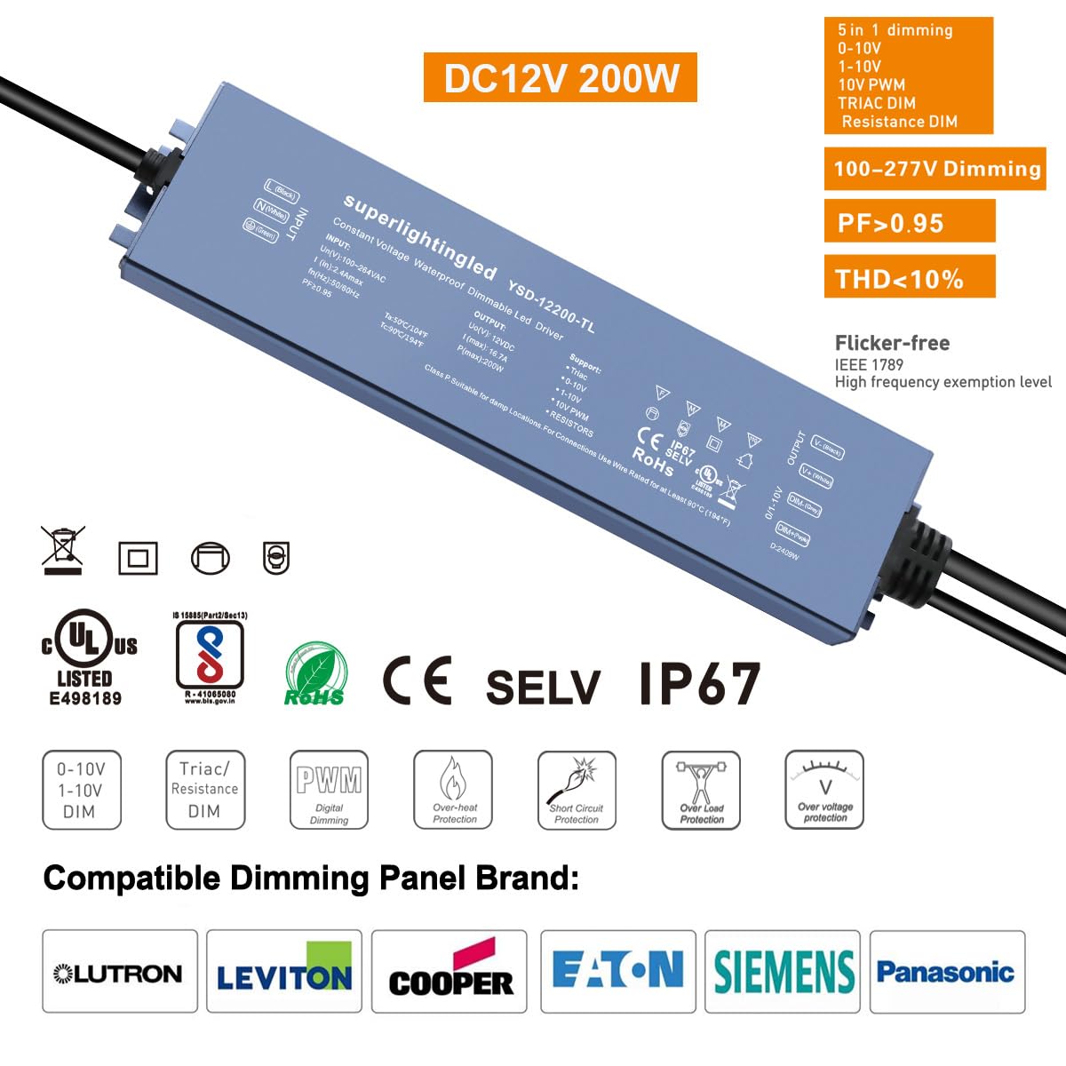 200W 0/1-10V & TRIAC Dimmable Waterproof IP67 12V Low Voltage Transformer D592299