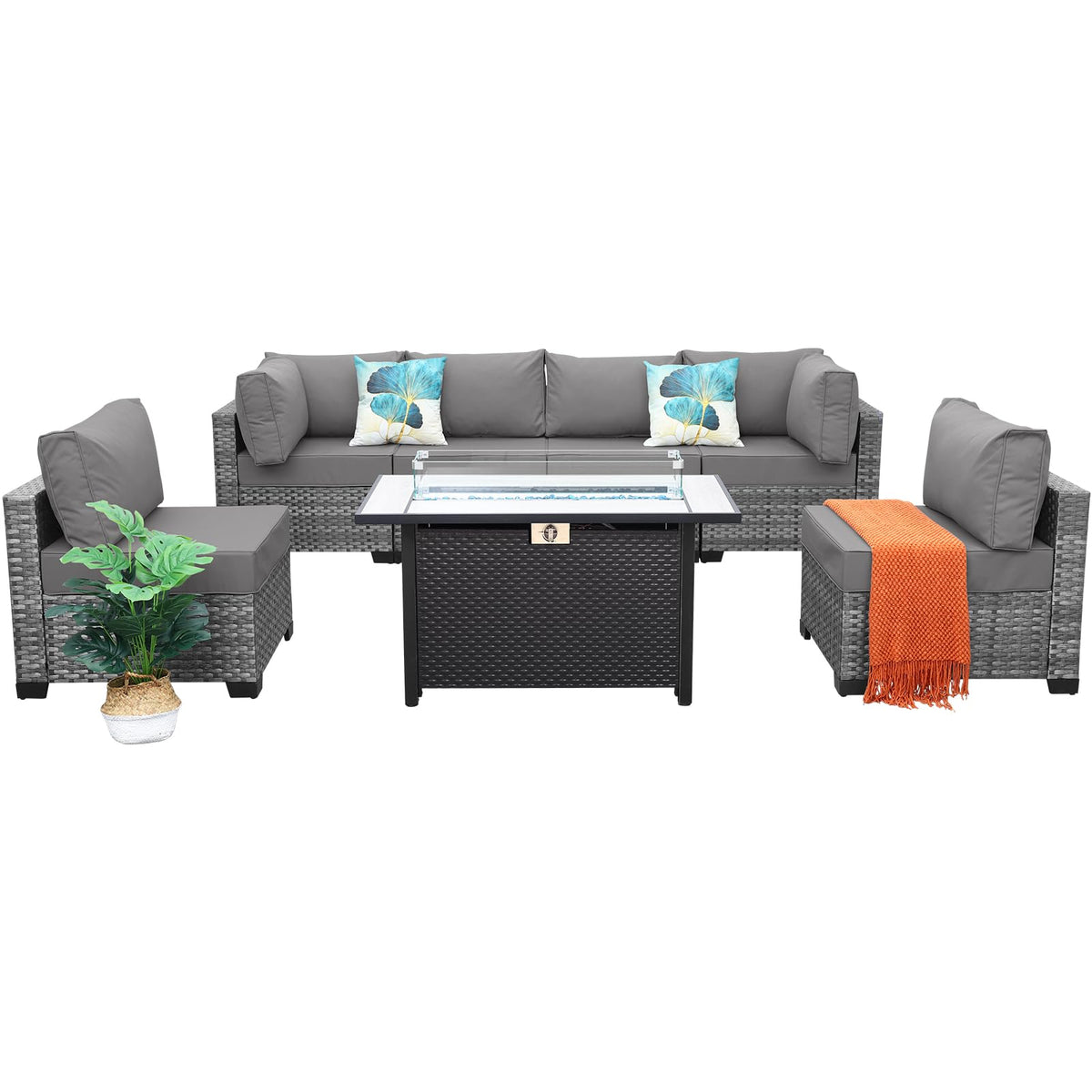 7 Pieces Wicker Patio Furniture Set with Fire Pit Table F1404