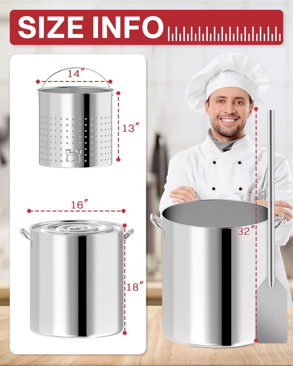 60QT Stainless Steel Stockpot with Basket H848