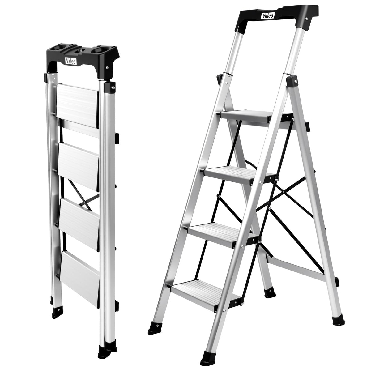 Aluminium 4 Step Ladder with Retractable Handgrip, 330 lbs Capacity, Silver F29532
