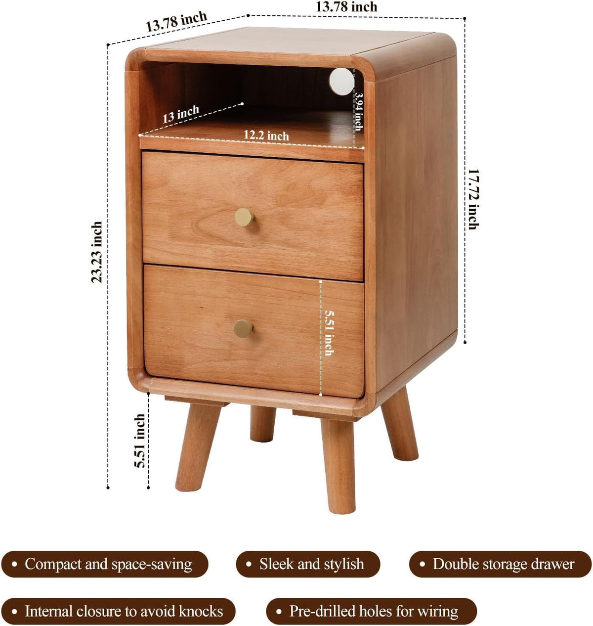 Solid Wood 2 Drawer Narrow Nightstand X824