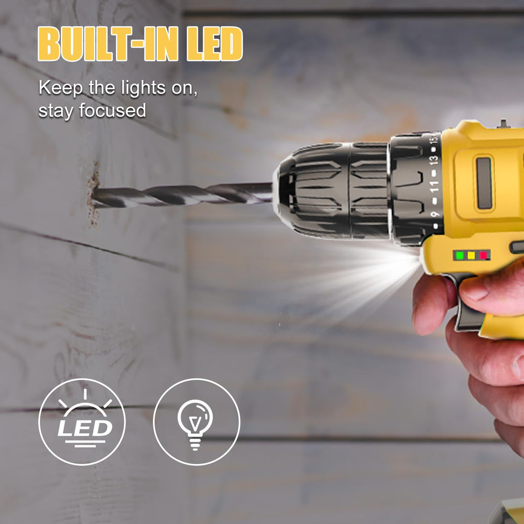 Cordless Drill Driver Kit, 20V Electric Drill with Battery and Charger, 18+3 Torque Setting, 2 Speeds, 3/8" Keyless Chuck Compact Power Drill Set with Drill Bits D354