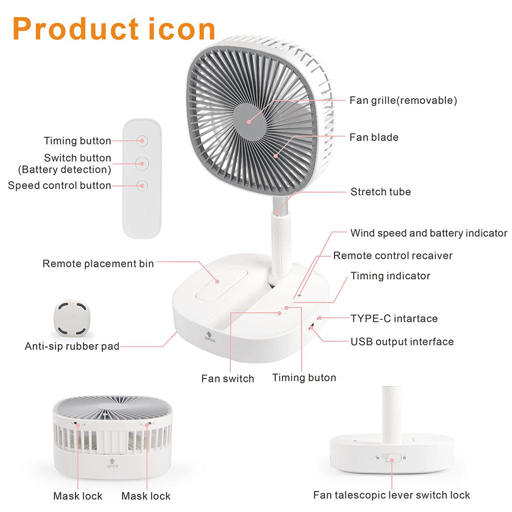 Portable Foldaway Standing Fan 7200Mah Rechargeable Battery Remote Control Telescopic 4 Speed Quiet Timer Gray N55000