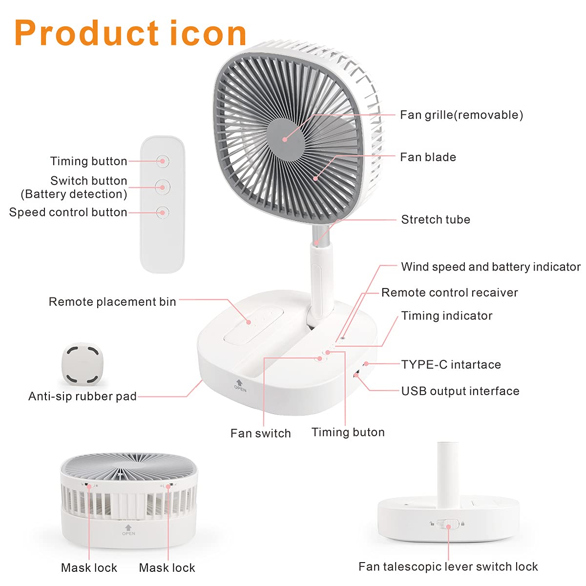 Portable Foldaway Standing Fan 7200Mah Rechargeable Battery Remote Control Telescopic 4 Speed Quiet Timer Gray N55000