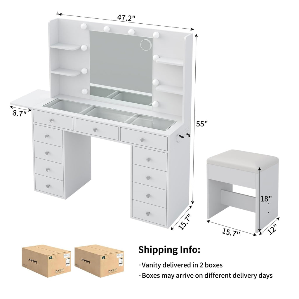 Vanity Desk with Mirror and 12 LED Lights, 11 Drawers & 4 Shelves G522