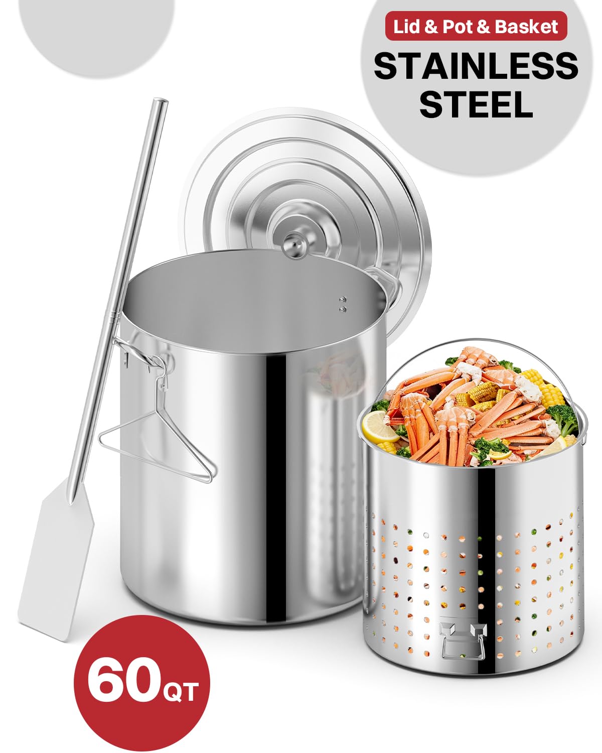 60QT Stainless Steel Stockpot with Basket H848