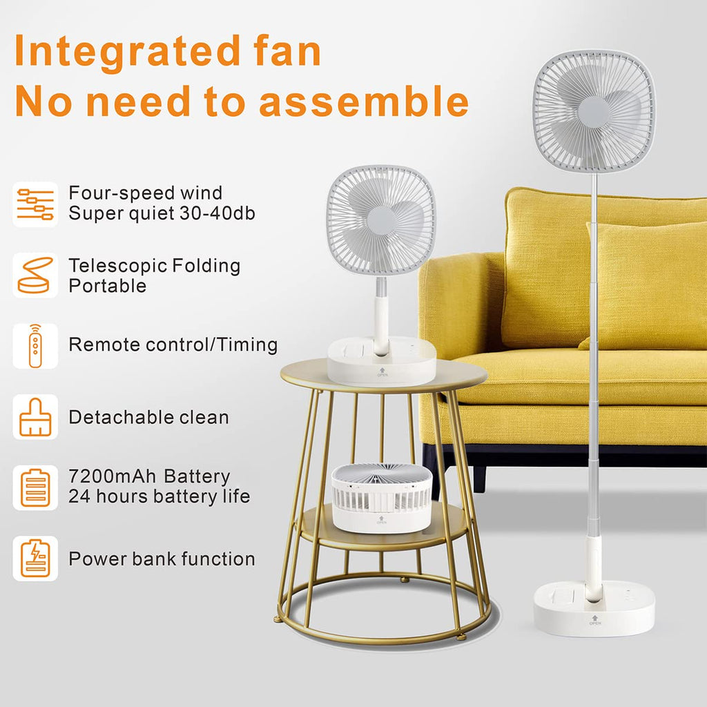 Portable Foldaway Standing Fan 7200Mah Rechargeable Battery Remote Control Telescopic 4 Speed Quiet Timer Gray N55000