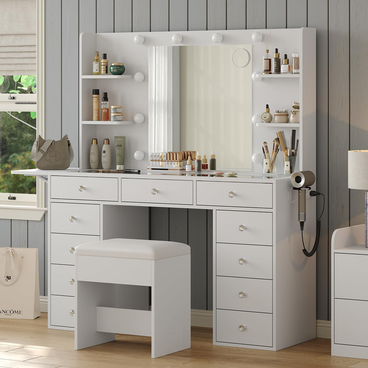 Vanity Desk with Mirror and 12 LED Lights, 11 Drawers & 4 Shelves G522