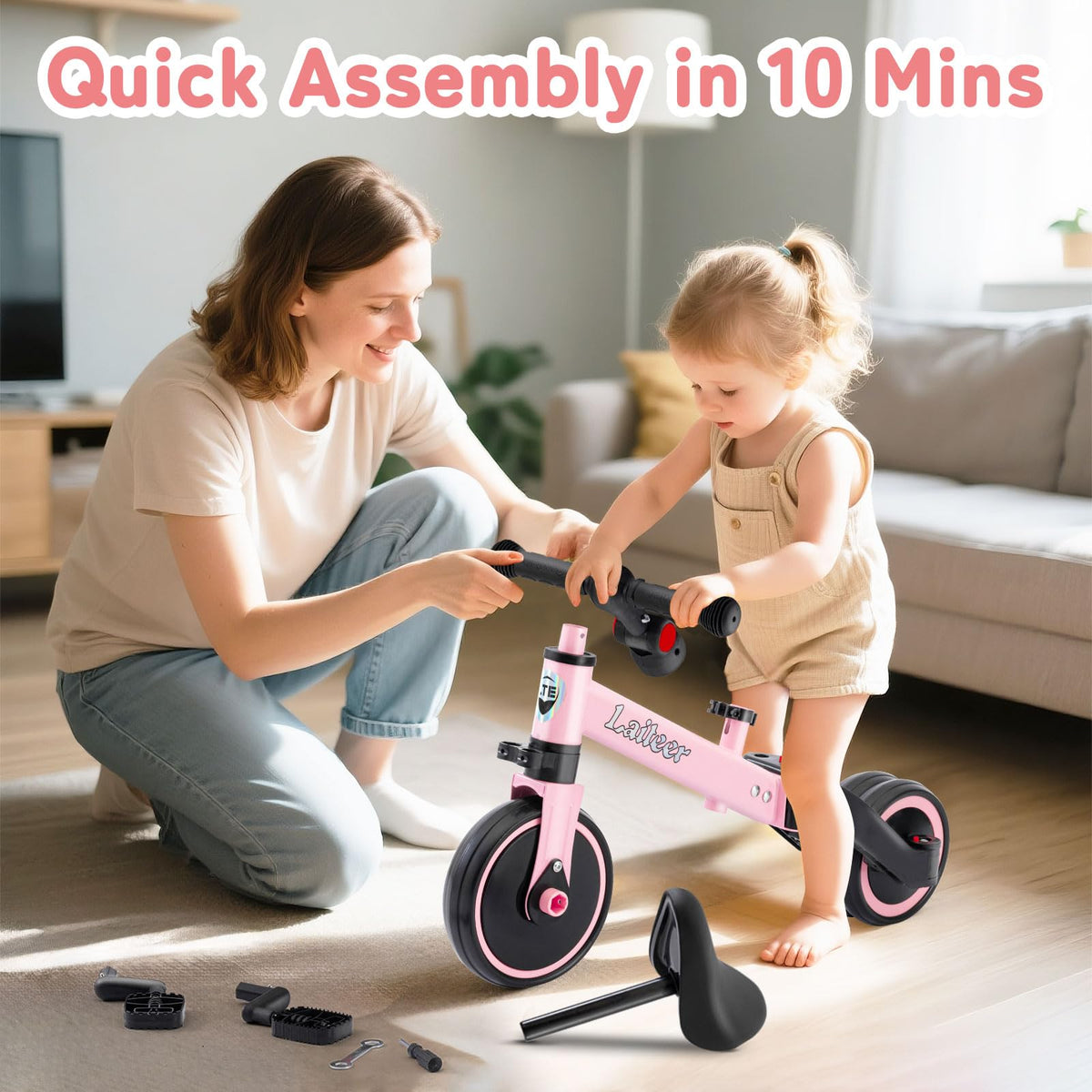 Folding Kids Tricycle with Adjustable Seat & Removable Pedal, Pink F66375