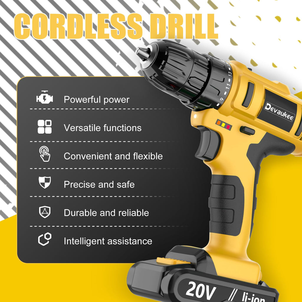 Cordless Drill Driver Kit, 20V Electric Drill with Battery and Charger, 18+3 Torque Setting, 2 Speeds, 3/8" Keyless Chuck Compact Power Drill Set with Drill Bits D354