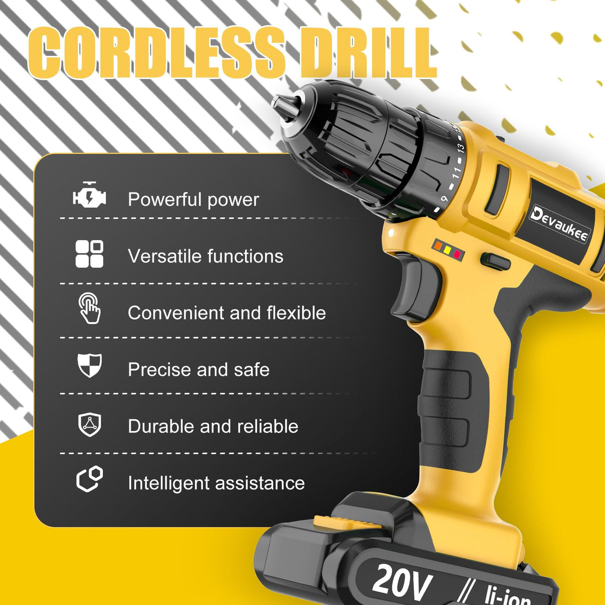 Cordless Drill Driver Kit, 20V Electric Drill with Battery and Charger, 18+3 Torque Setting, 2 Speeds, 3/8" Keyless Chuck Compact Power Drill Set with Drill Bits D354