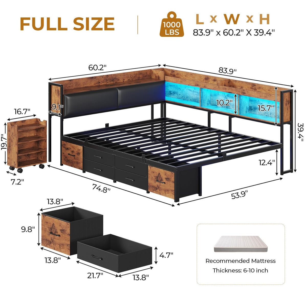 14 Inch Full Size Metal Platform Bed with 6 Drawers O229