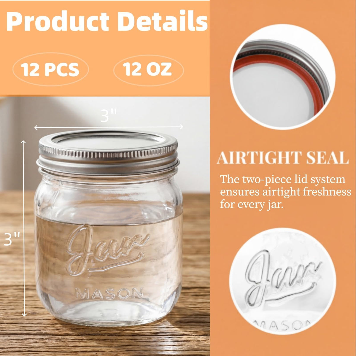 12 Pack 12 Oz Wide Mouth Airtight Glass Mason Jars R7648