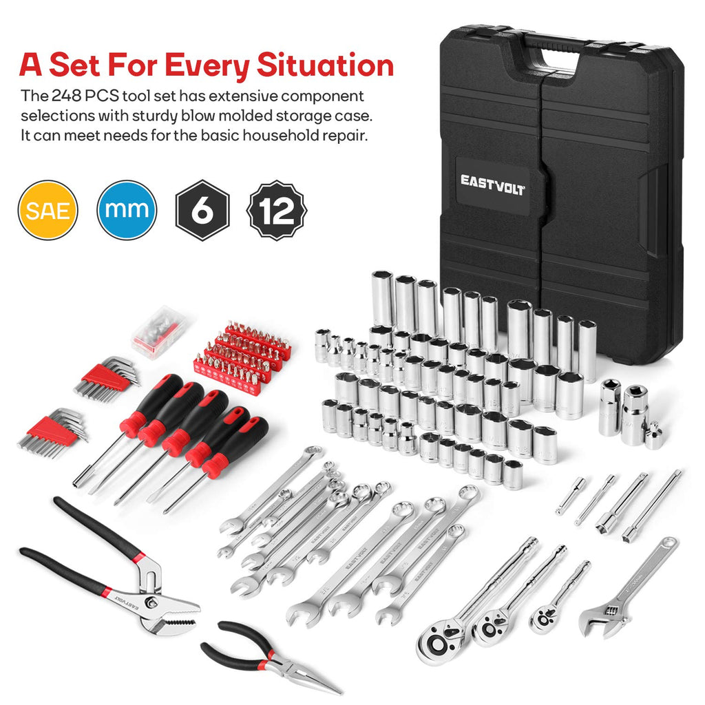 248 Pieces Mixed Sockets and Wrenches Hand Tool Set with Storage Case J145040
