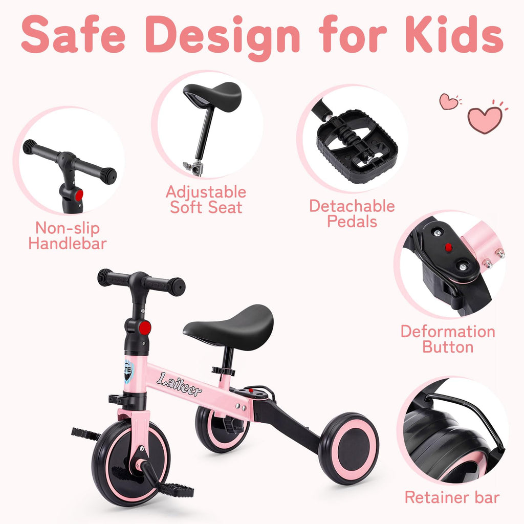 Folding Kids Tricycle with Adjustable Seat & Removable Pedal, Pink F66375