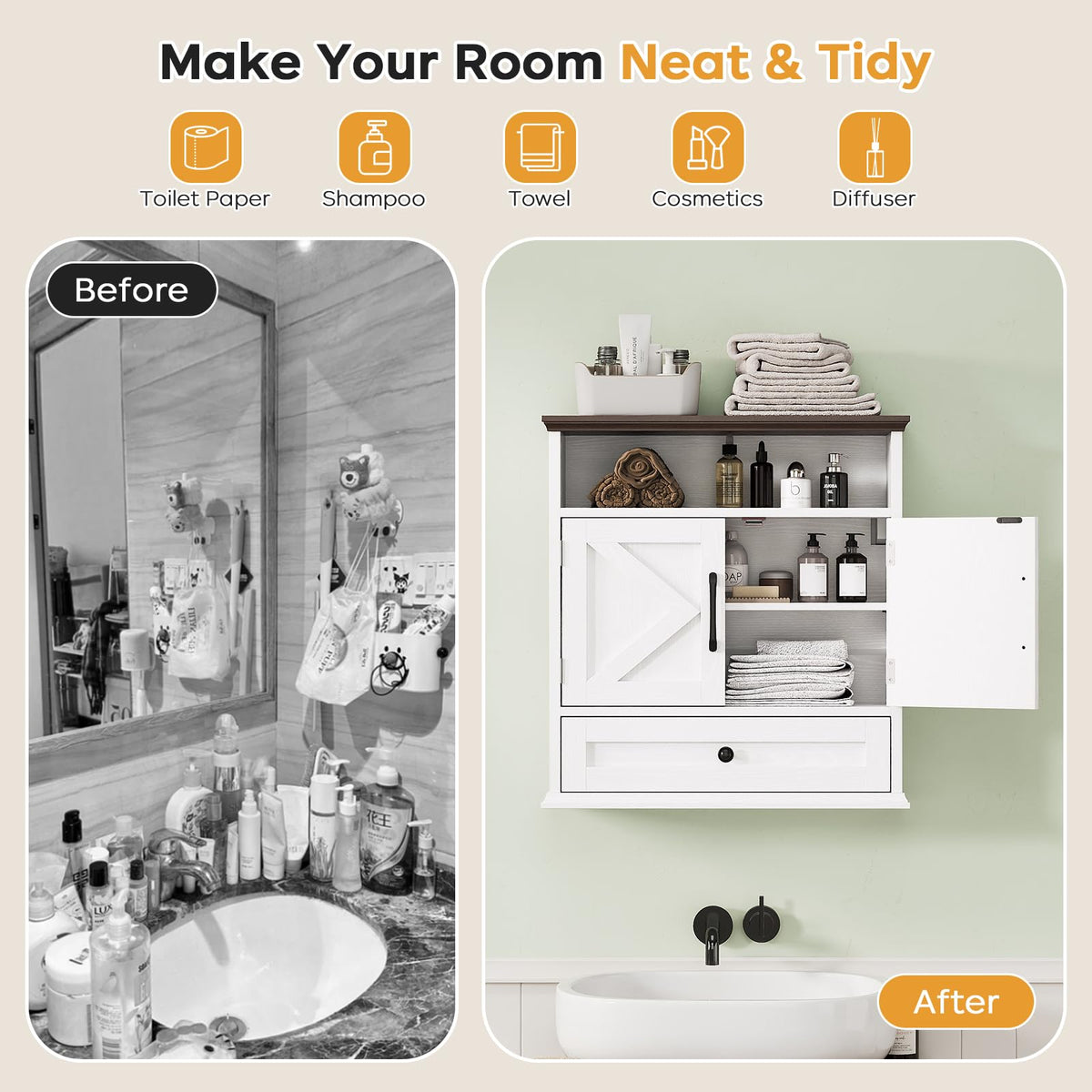 Wall Mounted Bathroom Cabinet 24.4"H x 23.6"W x 9"D W669154