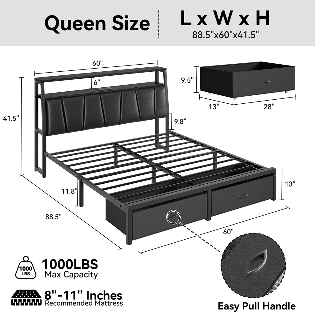 Queen Bed Frame with Storage Headboard and 2 Drawers D55271