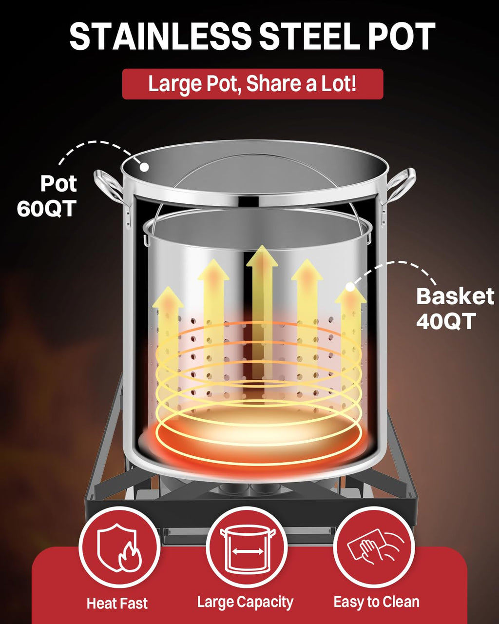 60QT Stainless Steel Stockpot with Basket H848