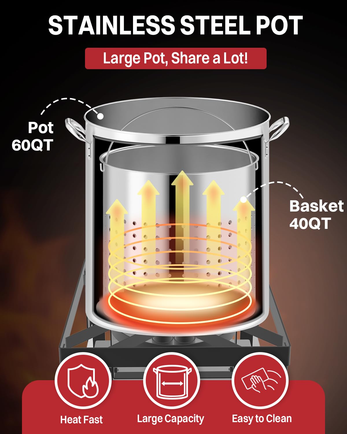 60QT Stainless Steel Stockpot with Basket H848