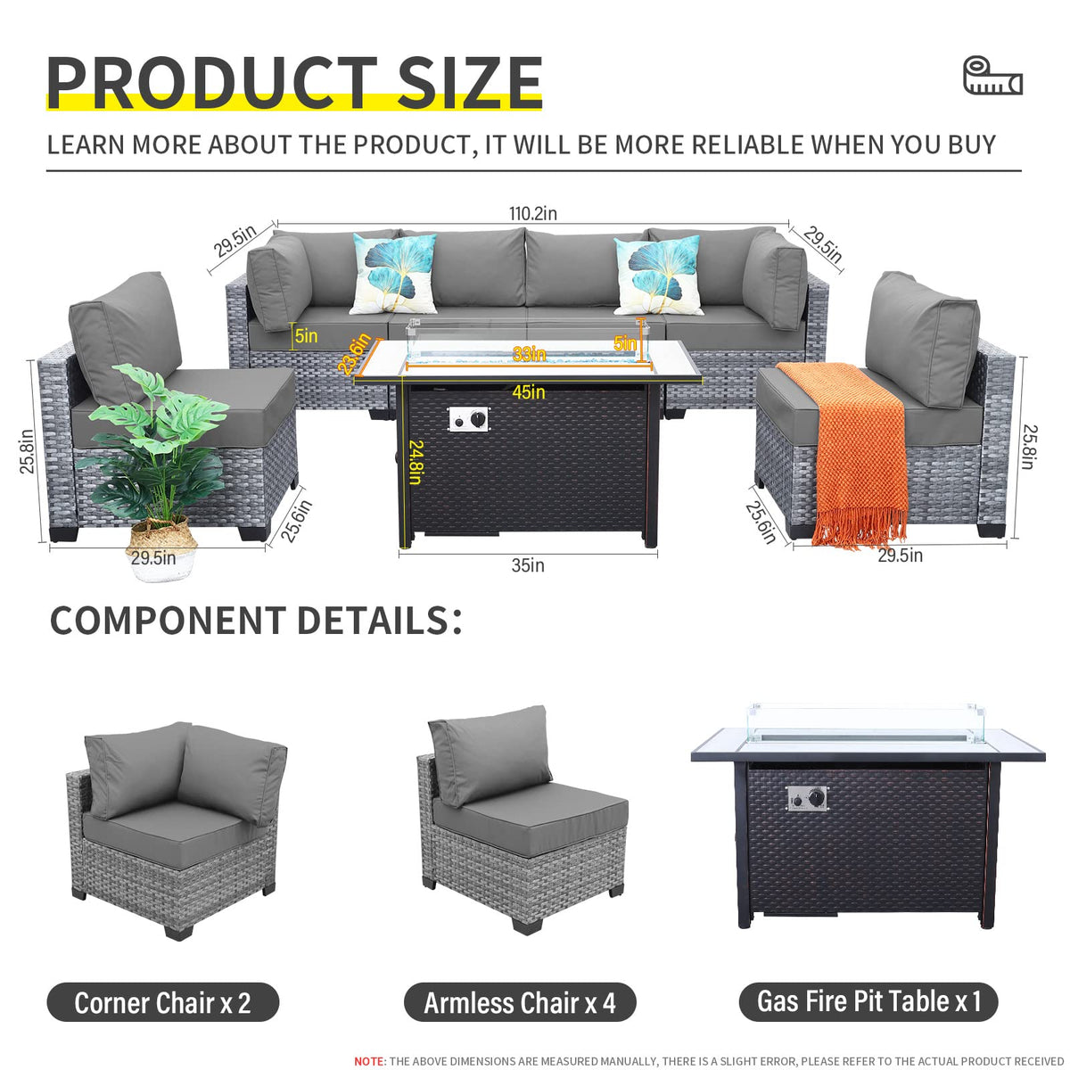 7 Pieces Wicker Patio Furniture Set with Fire Pit Table F1404