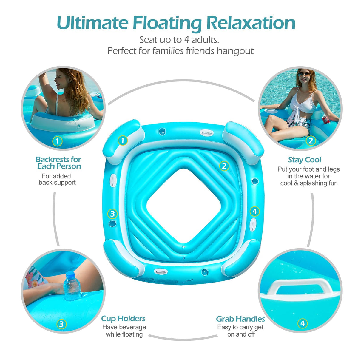 Blue XL Inflatable Pool Float with Cup Holders I3122
