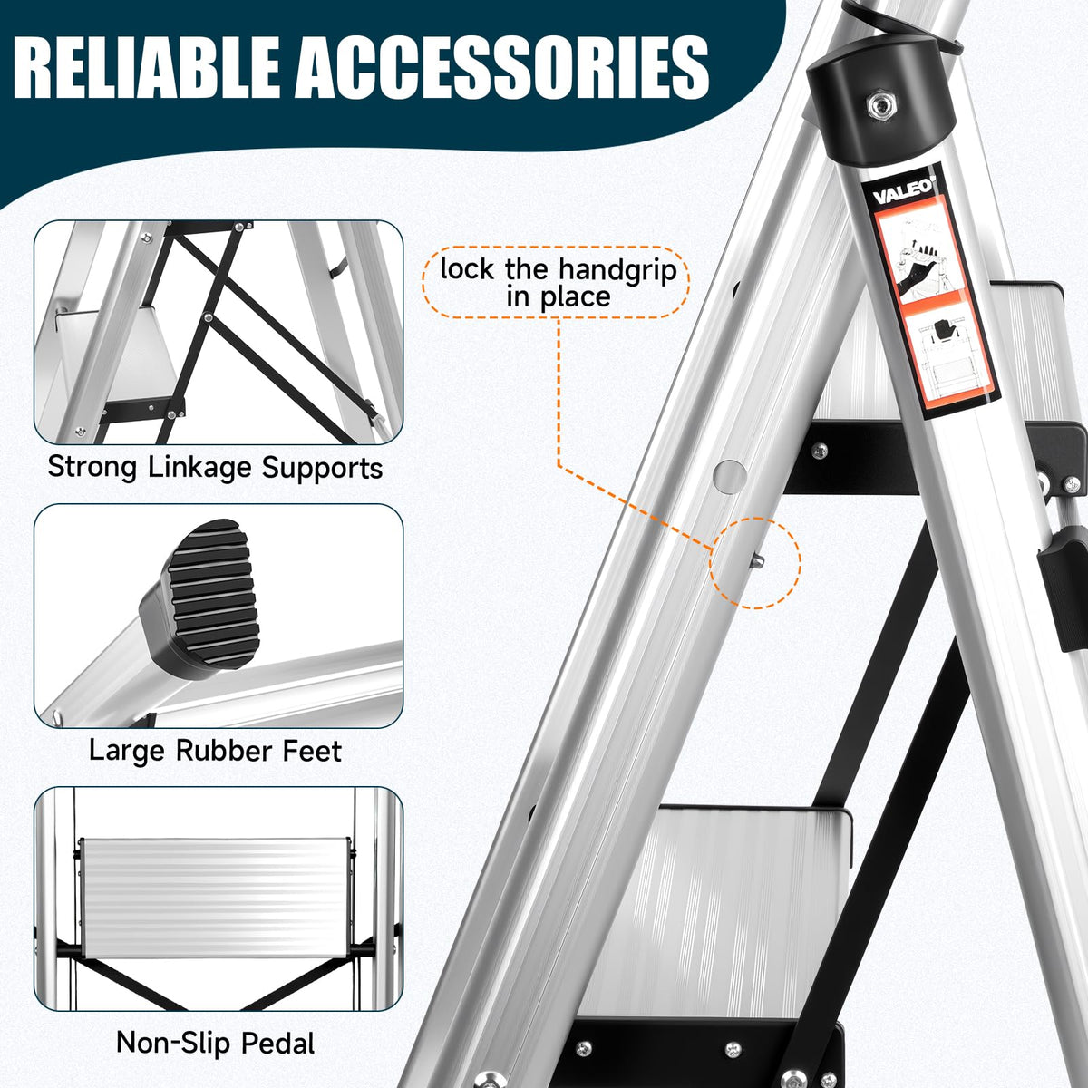 Aluminium 4 Step Ladder with Retractable Handgrip, 330 lbs Capacity, Silver F29532