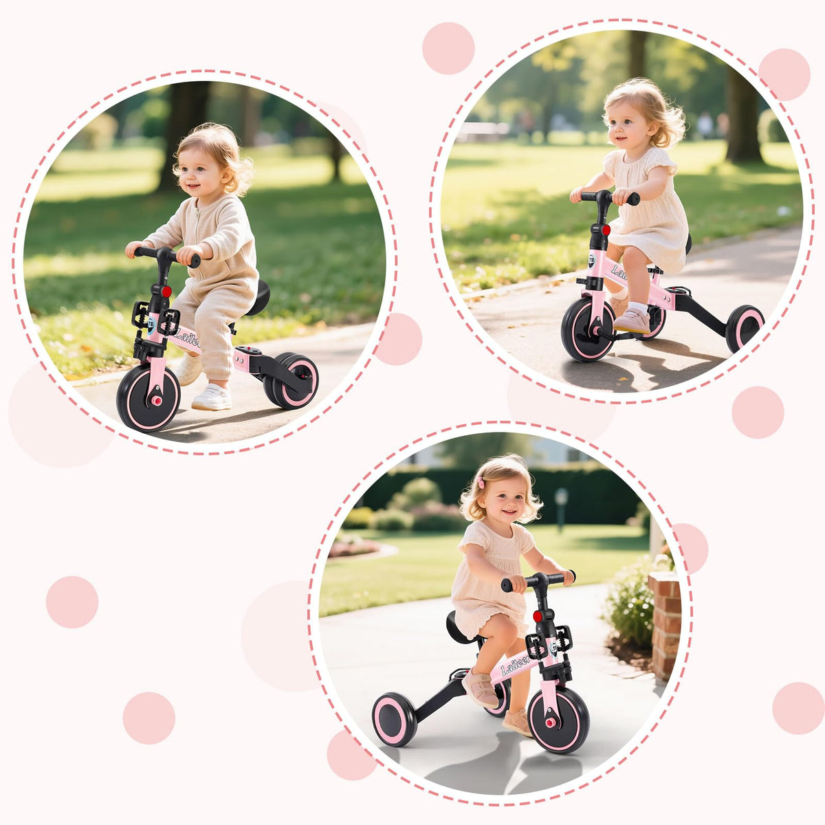 Folding Kids Tricycle with Adjustable Seat & Removable Pedal, Pink F66375