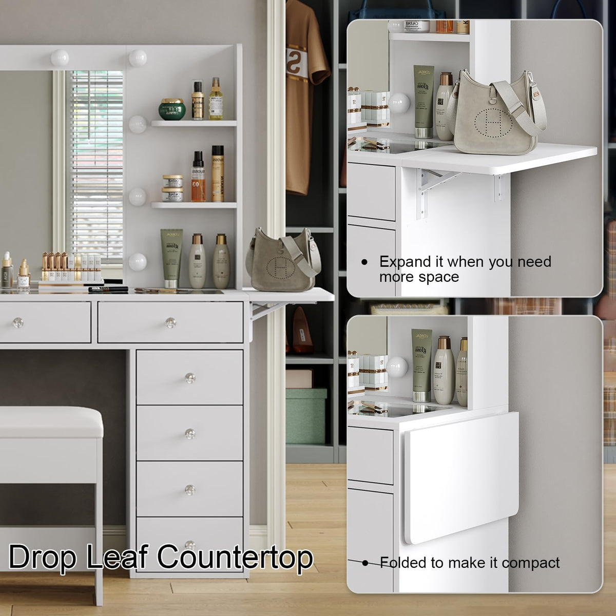 Vanity Desk with Mirror and 12 LED Lights, 11 Drawers & 4 Shelves G522