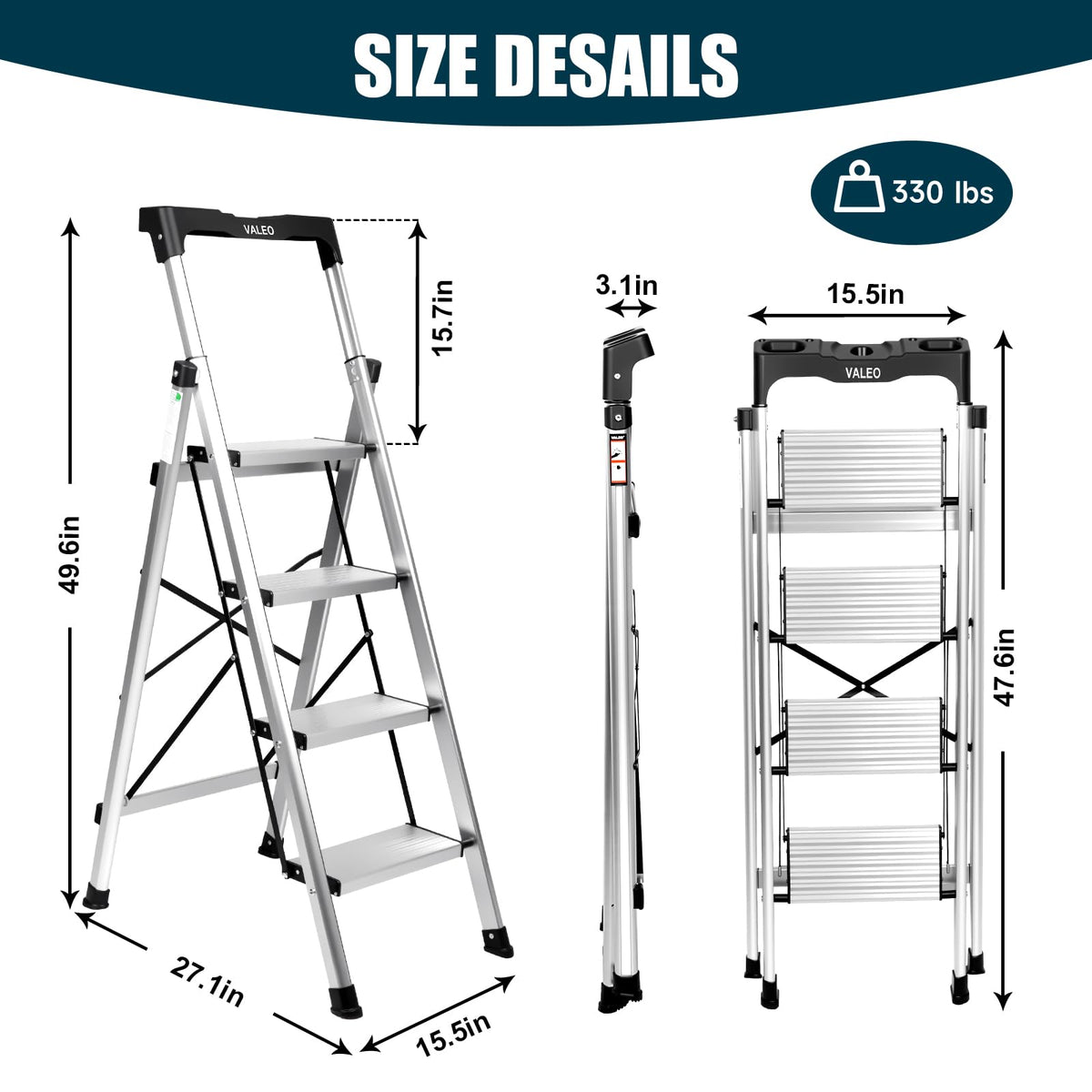 Aluminium 4 Step Ladder with Retractable Handgrip, 330 lbs Capacity, Silver F29532