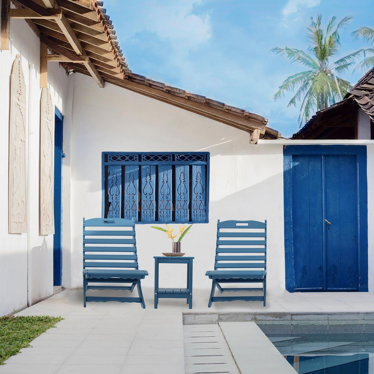 Blue HDPE Plastic Folding Adirondack Chair Set of 2 U496266