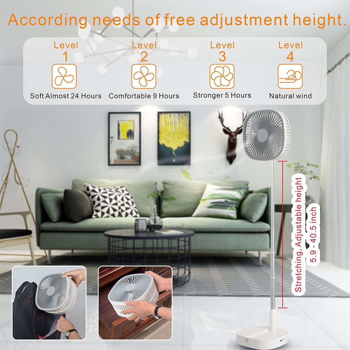Portable Foldaway Standing Fan 7200Mah Rechargeable Battery Remote Control Telescopic 4 Speed Quiet Timer Gray N55000