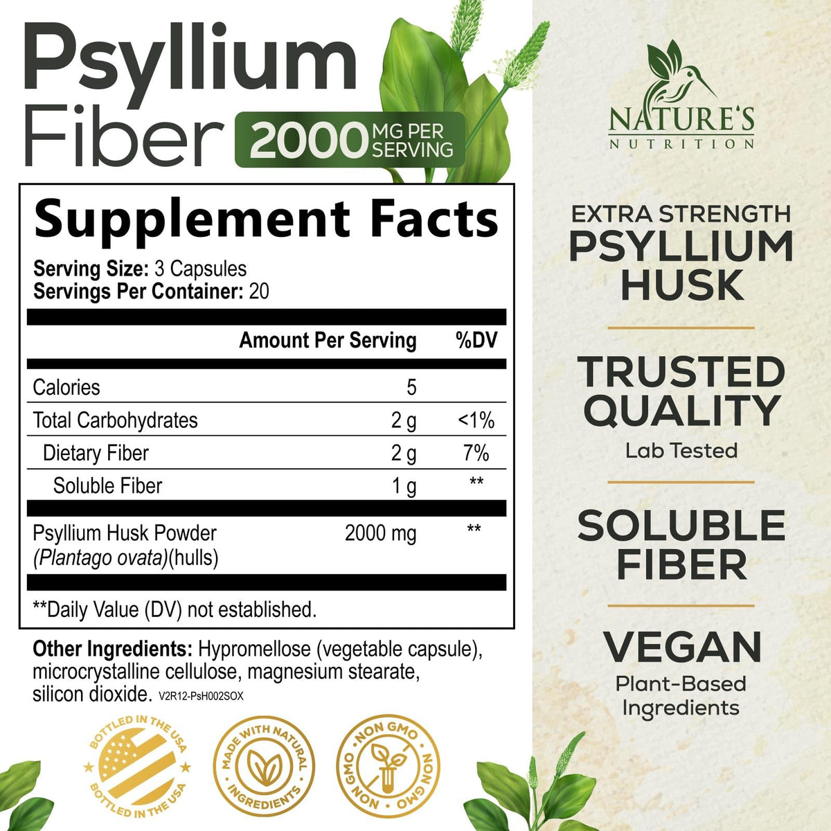 Psyllium Husk Powder 2000mg Fiber Supplement 60 Capsules D9071