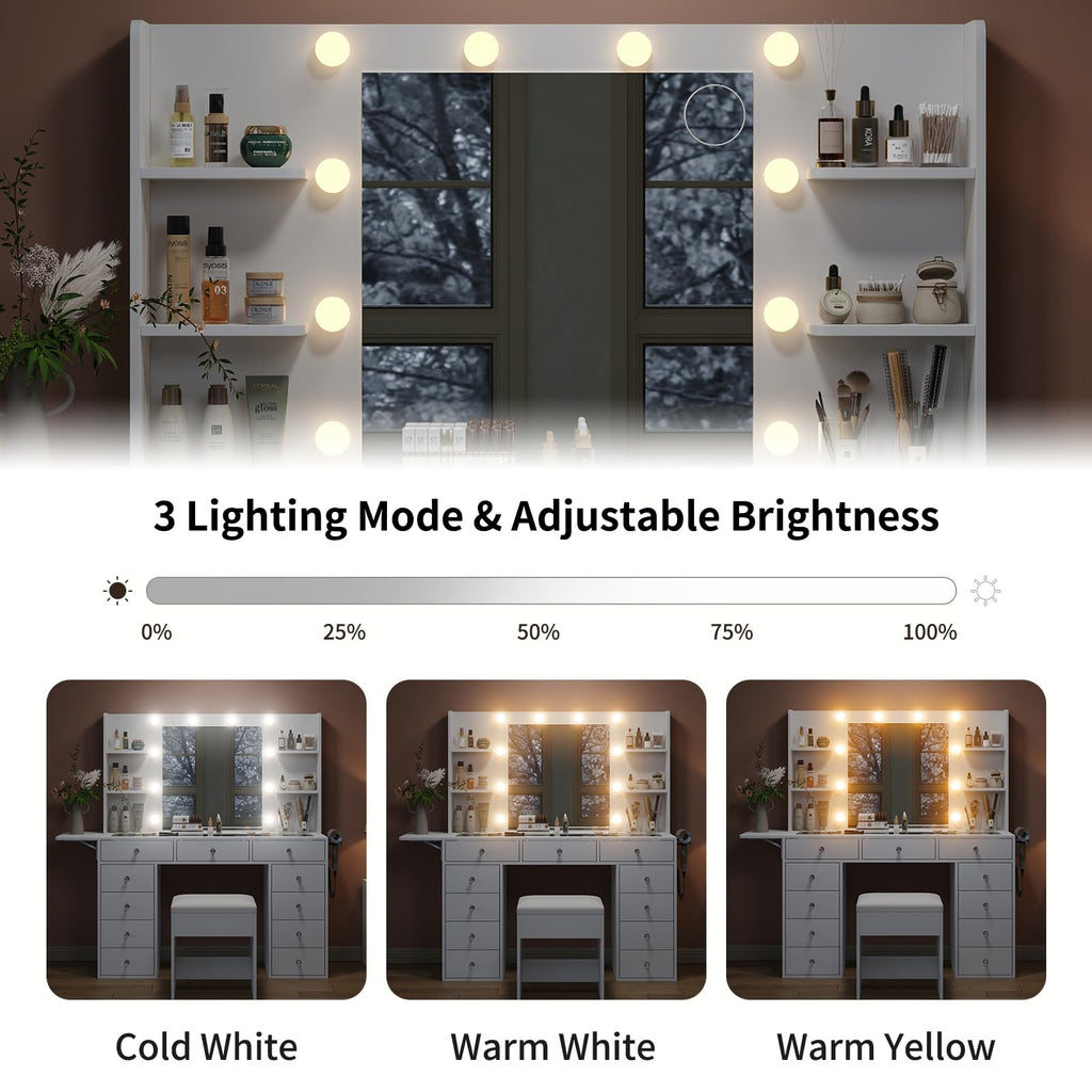 Vanity Desk with Mirror and 12 LED Lights, 11 Drawers & 4 Shelves G522