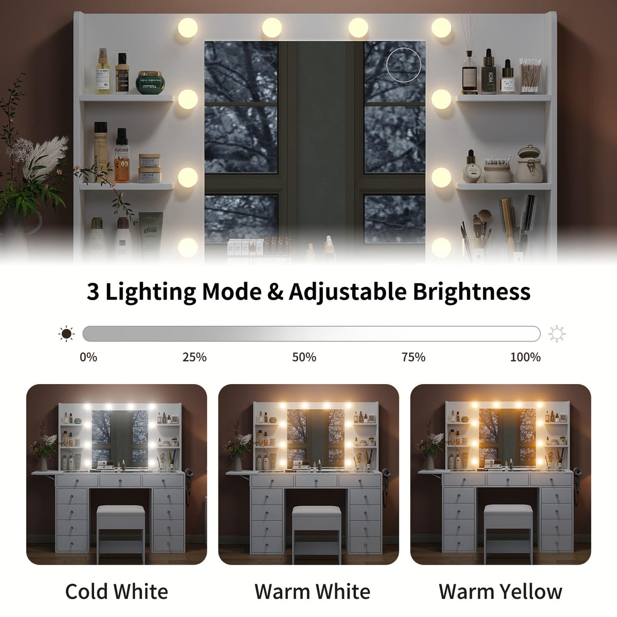 Vanity Desk with Mirror and 12 LED Lights, 11 Drawers & 4 Shelves G522