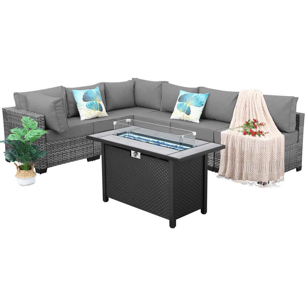 7 Pieces Wicker Patio Furniture Set with Fire Pit Table F1404