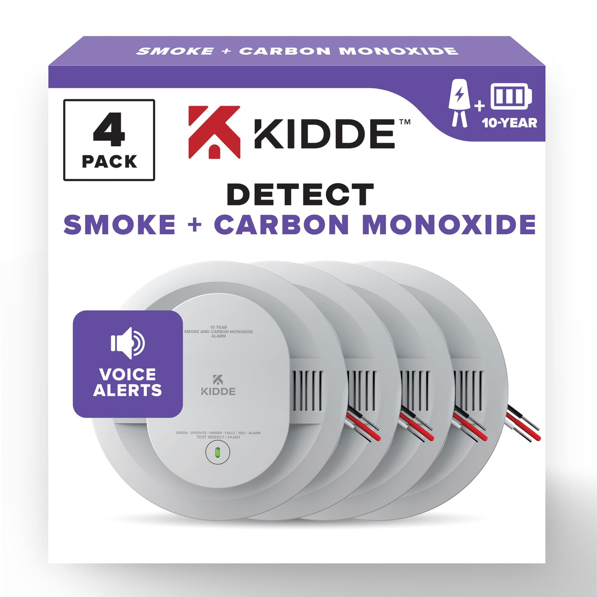 Hardwired Smoke & Carbon Monoxide Detector, 10-Year Battery Backup, 4 Pack B2298