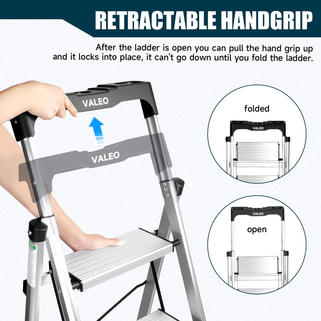 Aluminium 4 Step Ladder with Retractable Handgrip, 330 lbs Capacity, Silver F29532