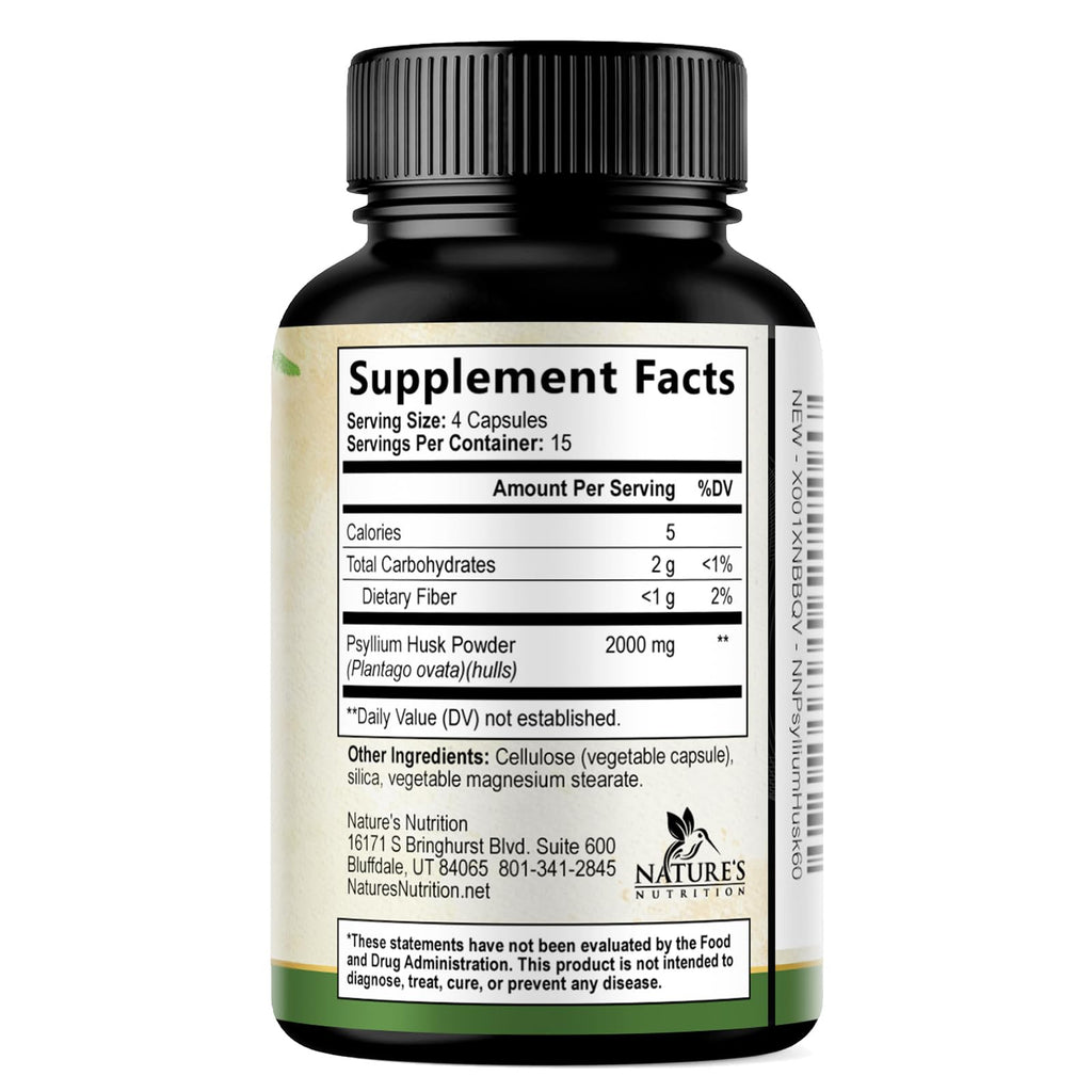 Psyllium Husk Powder 2000mg Fiber Supplement 60 Capsules D9071