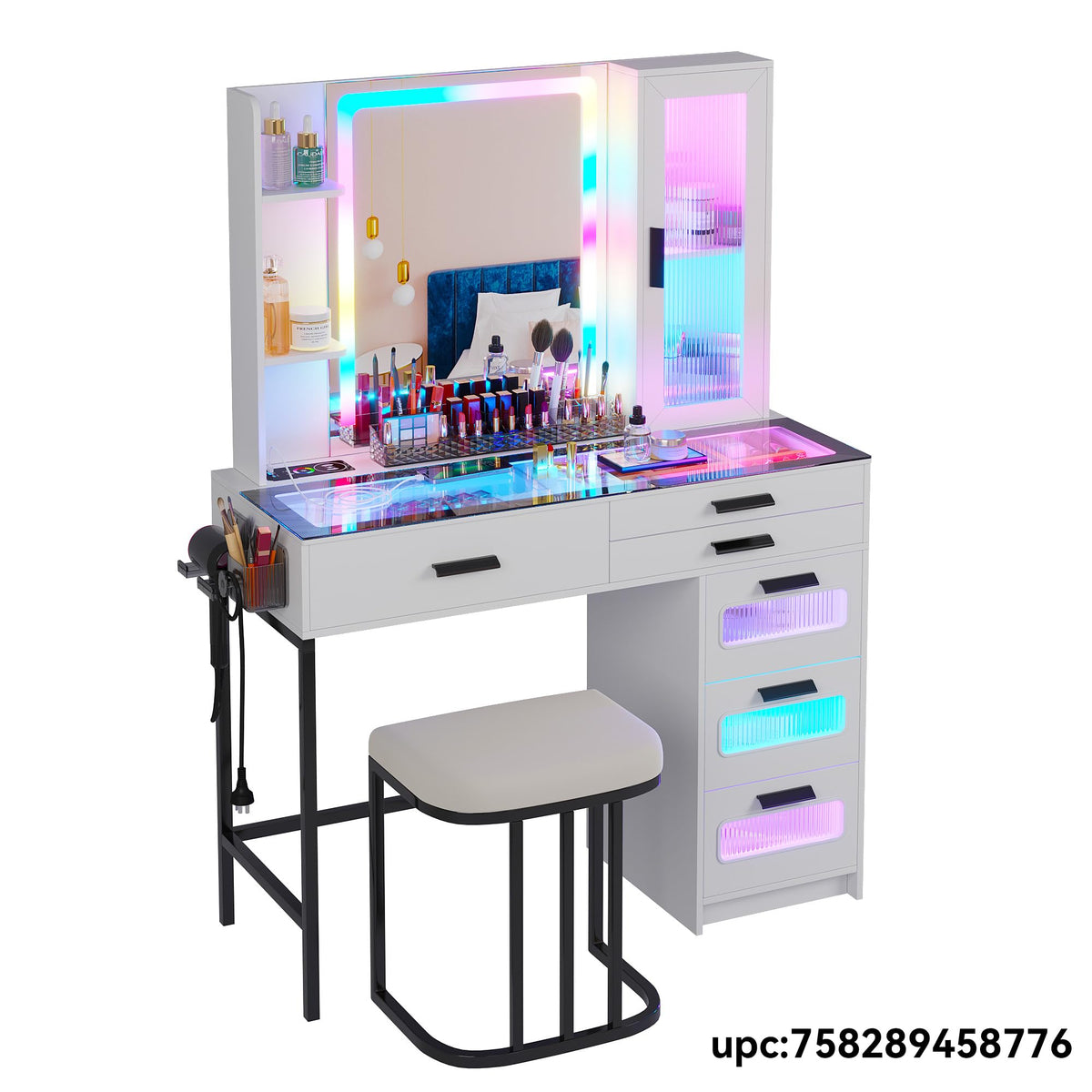 White Vanity Desk with Lighted Mirror and 6 Drawers S3071