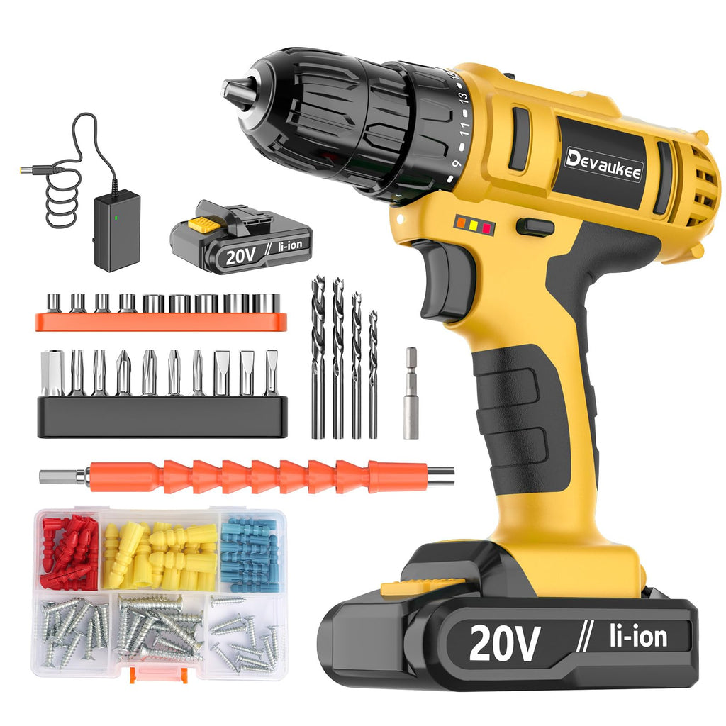 Cordless Drill Driver Kit, 20V Electric Drill with Battery and Charger, 18+3 Torque Setting, 2 Speeds, 3/8" Keyless Chuck Compact Power Drill Set with Drill Bits D354
