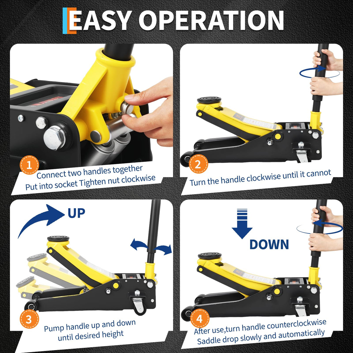 3 Ton Low Profile Hydraulic Floor Jack with Dual Piston Quick Lift Pump Steel Yellow O52012