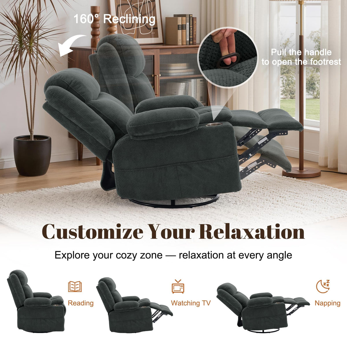 Gray Swivel Rocker Recliner with Massage & Heat D6489