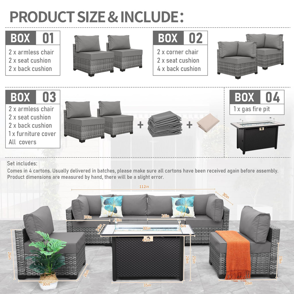 7 Pieces Wicker Patio Furniture Set with Fire Pit Table F1404